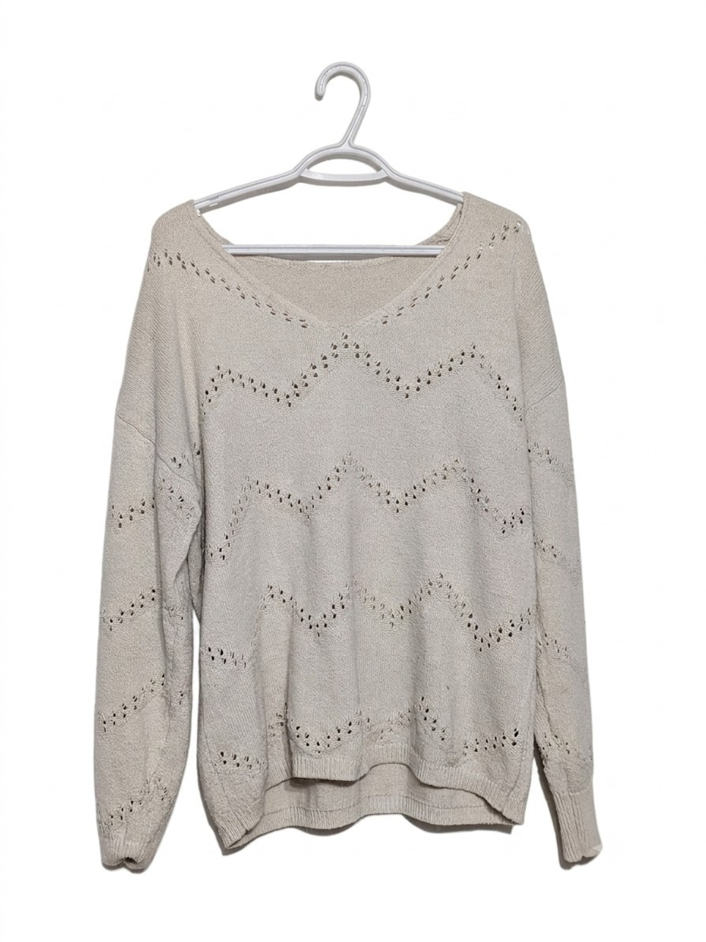 SHEIN Oversized V-Neck Pointelle Knit Sweater (Beige)